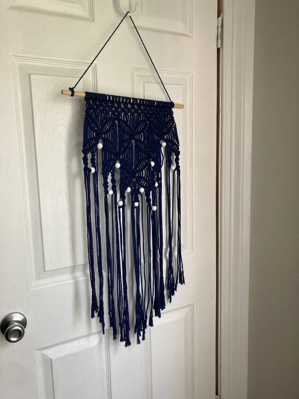 Boho Bohemian Macrame Navy Blue Wall Hanging with White Wooden Beads 38 x 13 in